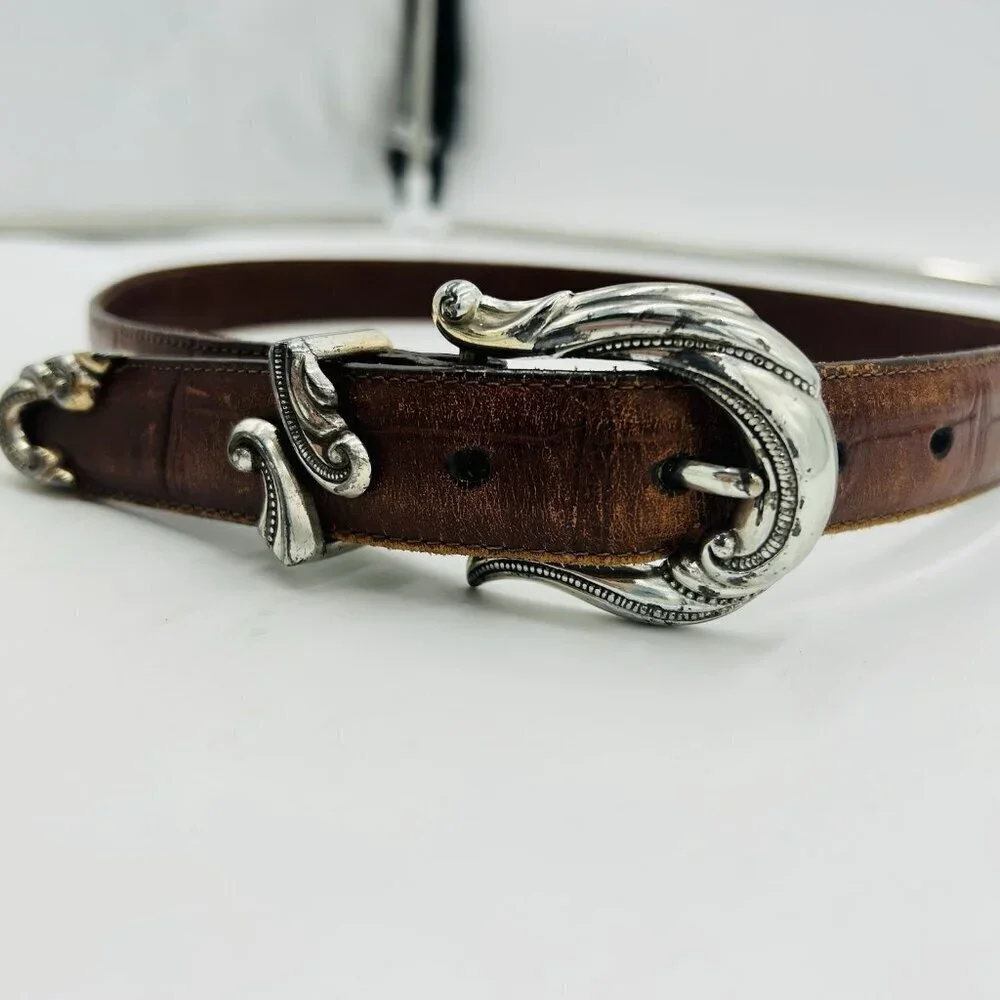 Brighton Allegro Swirl Faux Croc Embossed Brown Leather Belt Silver Buckle Sz M